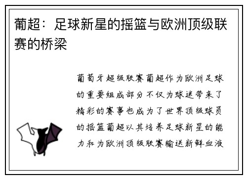 葡超：足球新星的摇篮与欧洲顶级联赛的桥梁
